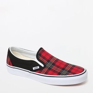 Vans Red and Black Plaid Slip-On Shoes